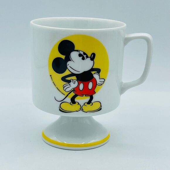 Vintage Pedestal Mickey Mouse Coffee Tee Mug Yellow Trim Walt Disney Productions - Picture 1 of 8